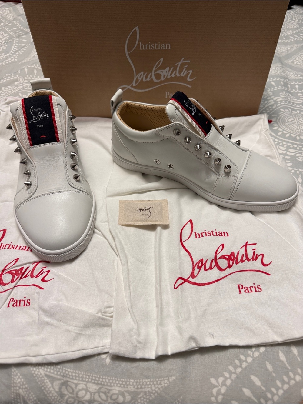 Christian Louboutin Men’s White Leather Spike-Trim Low-Top Sneakers